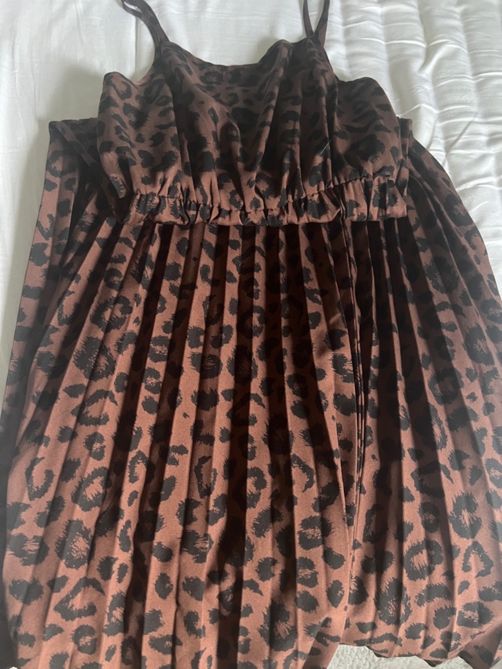 SHEIN Brown and Black Leopard Print Pleated Midi Dress